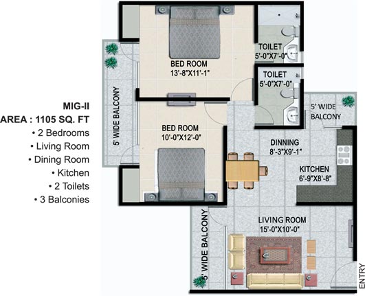 The floor plan size of Panchsheel Greens 2 2 BHK Flat is 1150 sq ft.